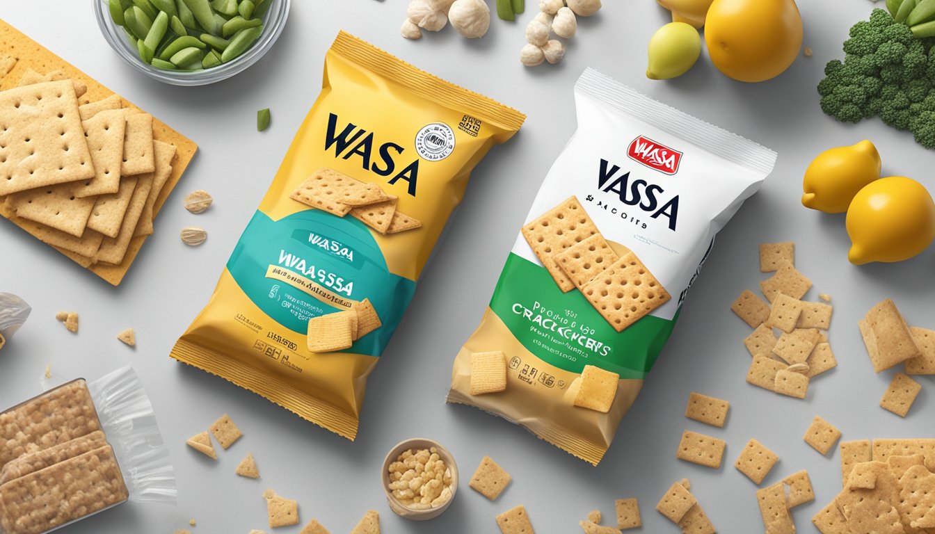 A sealed package of Wasa crackers sits on a clean, dry countertop, surrounded by a variety of fresh and dry foods