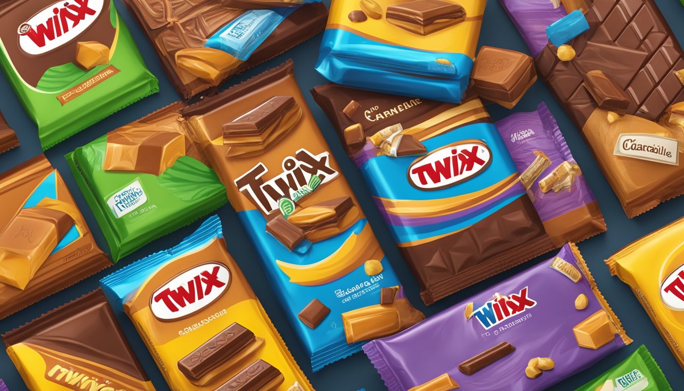 A Twix bar sits on a shelf, surrounded by other candy bars. The packaging is intact, and the chocolate and caramel inside look fresh