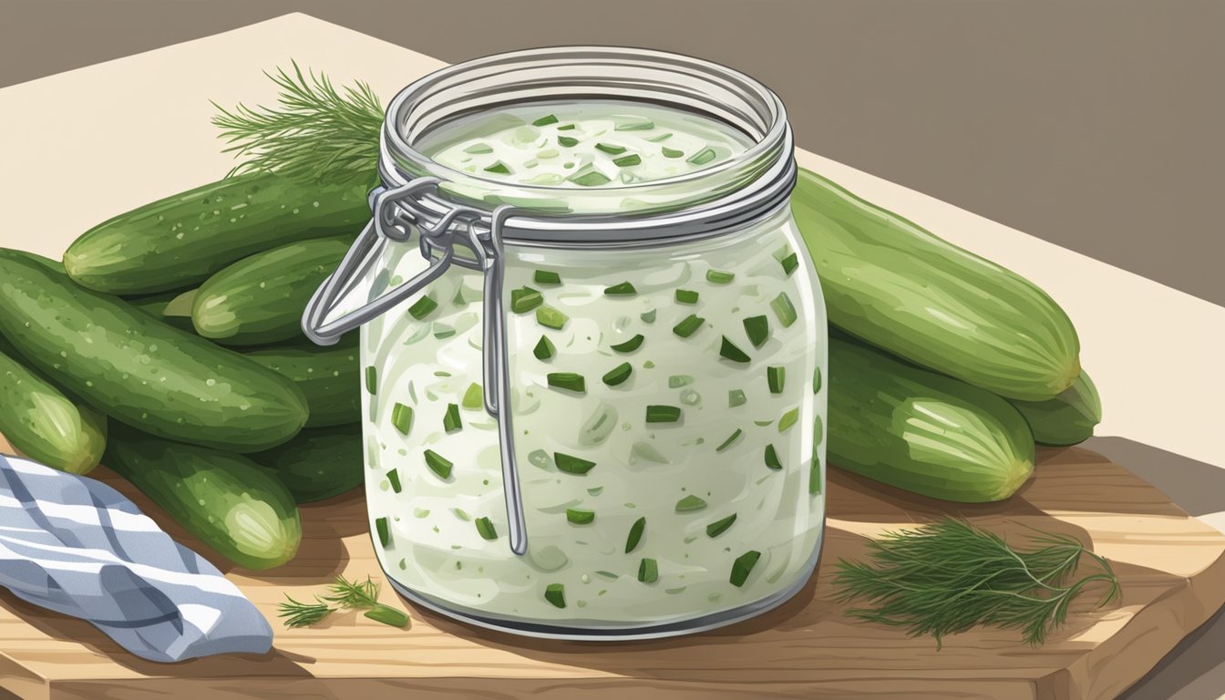 A jar of tzatziki sits on a kitchen shelf, surrounded by fresh cucumbers, dill, and garlic. The creamy sauce is topped with a drizzle of olive oil