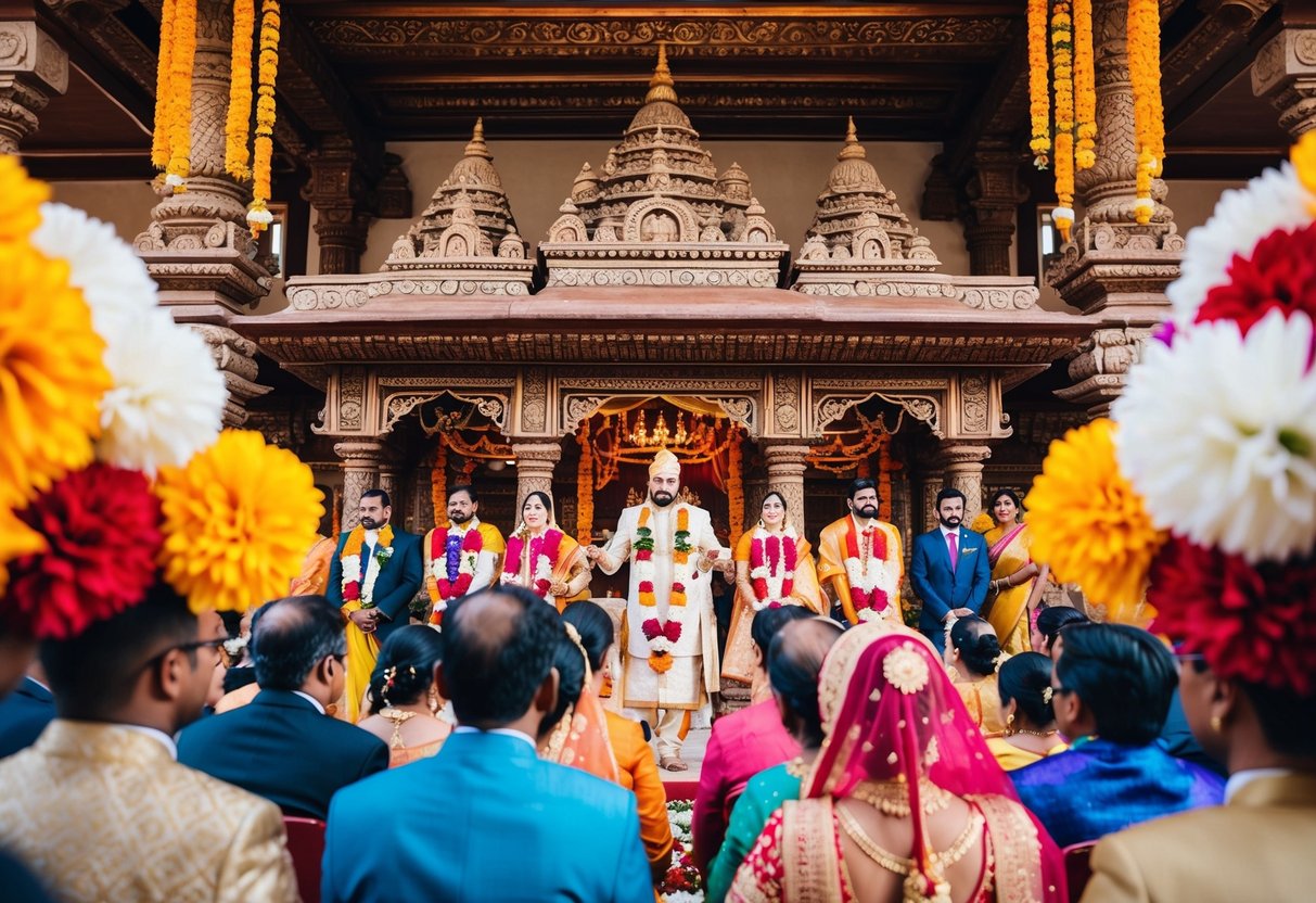 A wedding ceremony taking place in a traditional Hindu temple with intricate carvings and colorful decorations