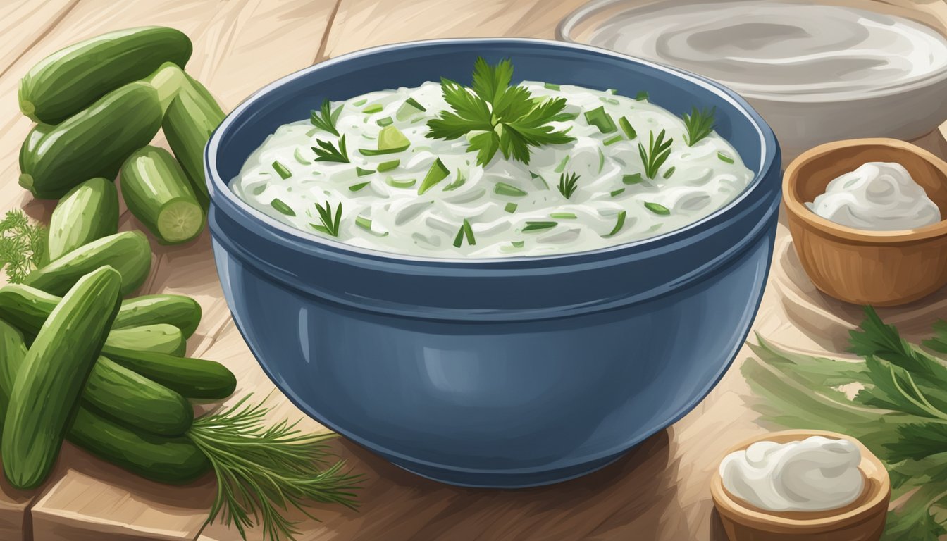 A bowl of tzatziki sits on a wooden table, surrounded by fresh cucumbers, dill, and garlic. A container of yogurt is nearby