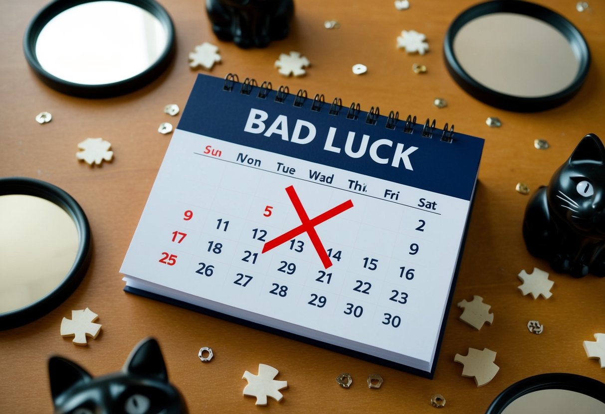 A calendar with a red X over certain dates, surrounded by symbols of bad luck like broken mirrors and black cats