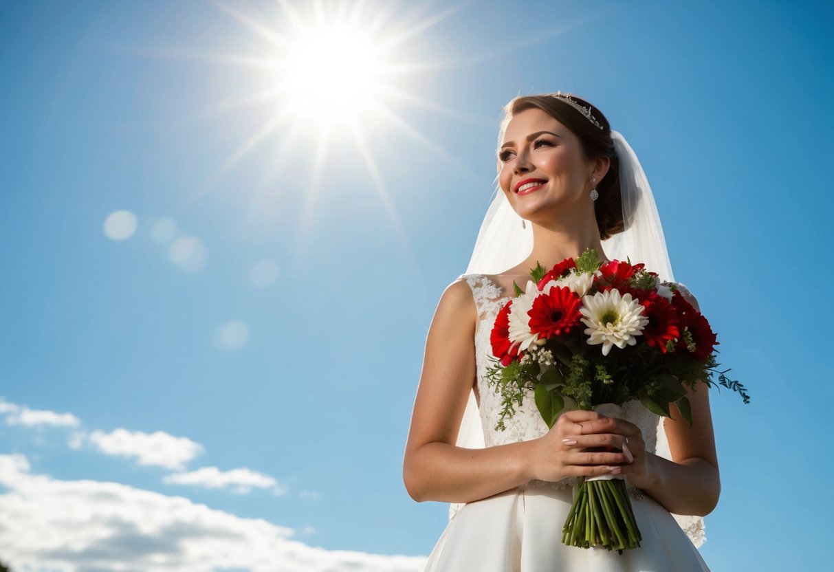A bride holding a bouquet of red and white flowers, standing under a bright sun with a clear blue sky