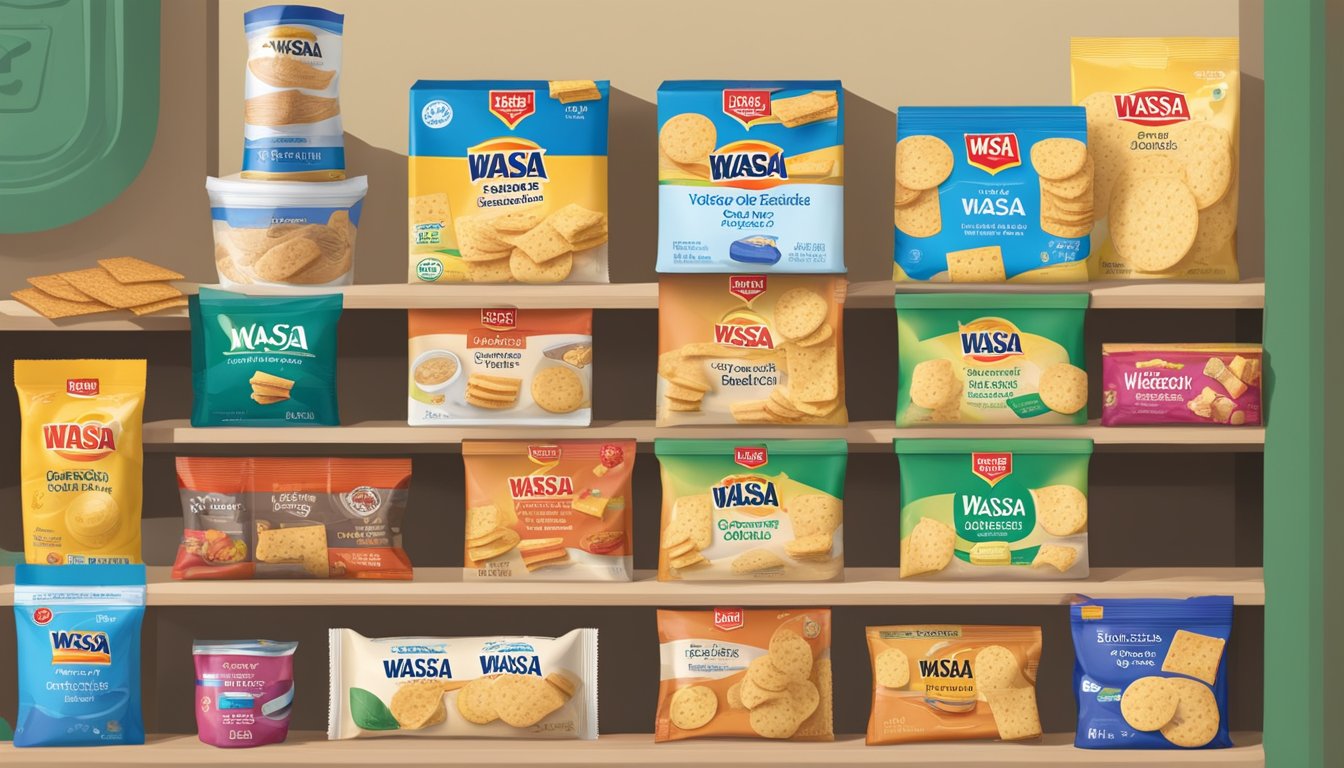 A sealed package of Wasa crackers sits on a clean, organized pantry shelf, surrounded by other non-perishable food items