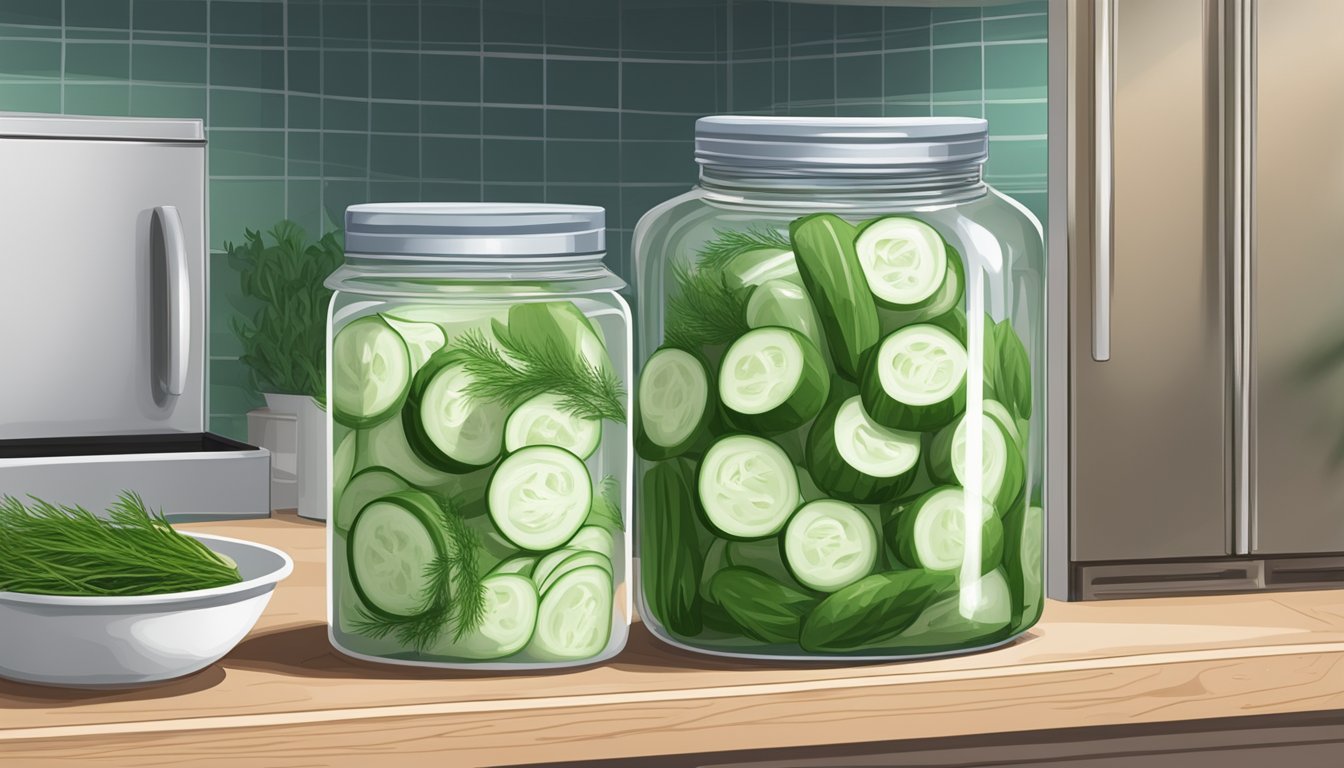 A jar of tzatziki sits in a refrigerator next to a container of sliced cucumbers and a bunch of fresh dill