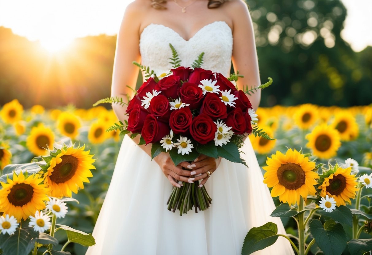 A bride holding a bouquet of red roses, surrounded by sunflowers and daisies, with a warm summer sun shining down on her