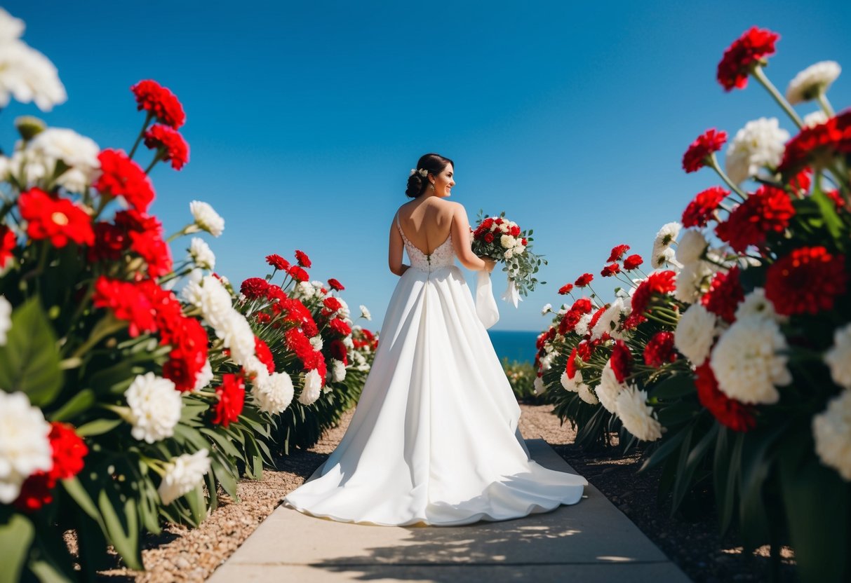 A sunny outdoor wedding setting with vibrant red and white flowers, a flowing white wedding gown, and a blue sky