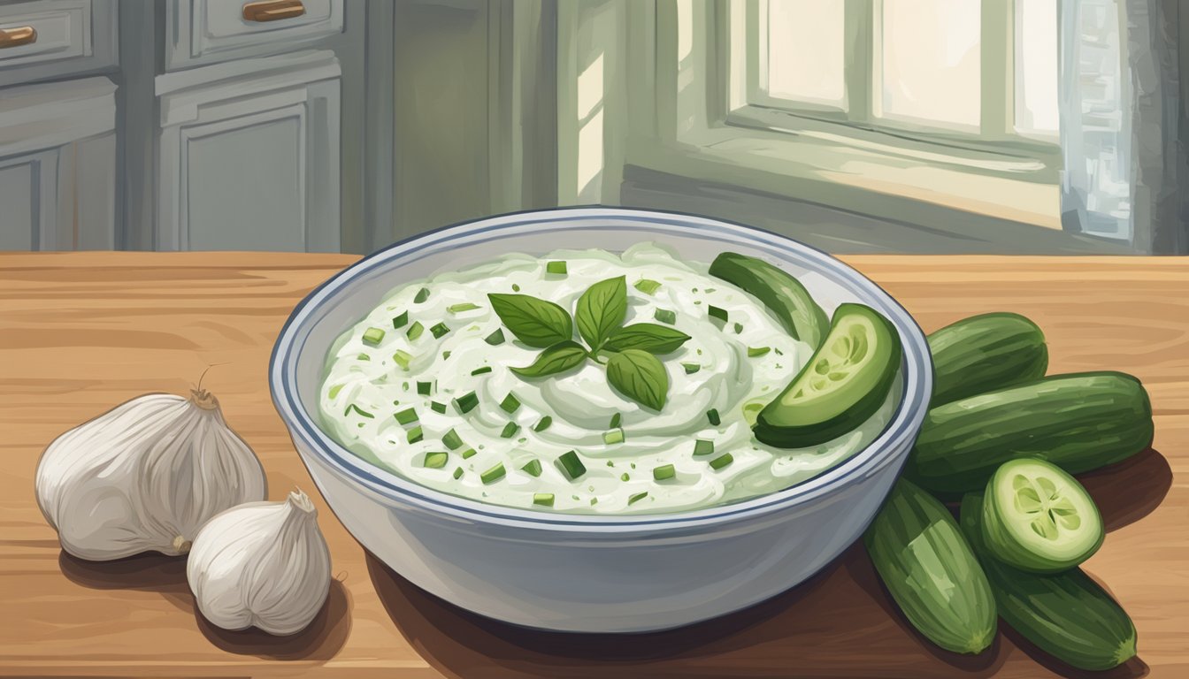 A bowl of tzatziki sits on a kitchen counter, surrounded by fresh cucumbers, dill, and garlic. A clock on the wall shows the passage of time