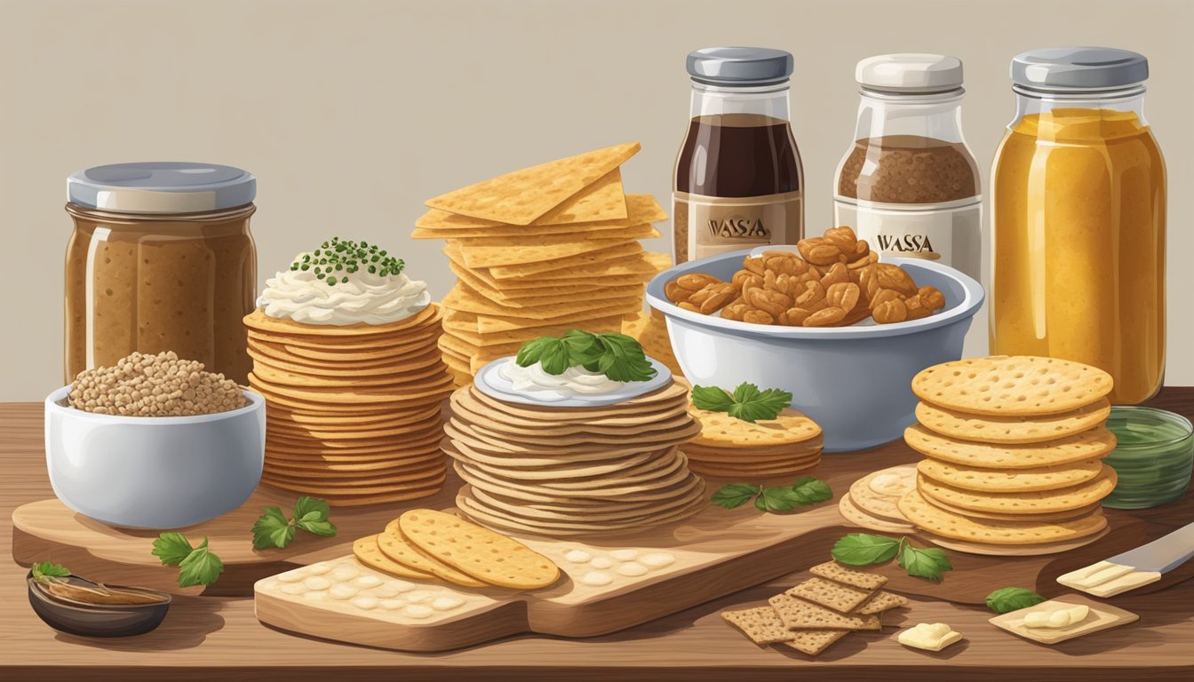 A variety of foods and spreads are arranged around a stack of Wasa crackers on a wooden cutting board