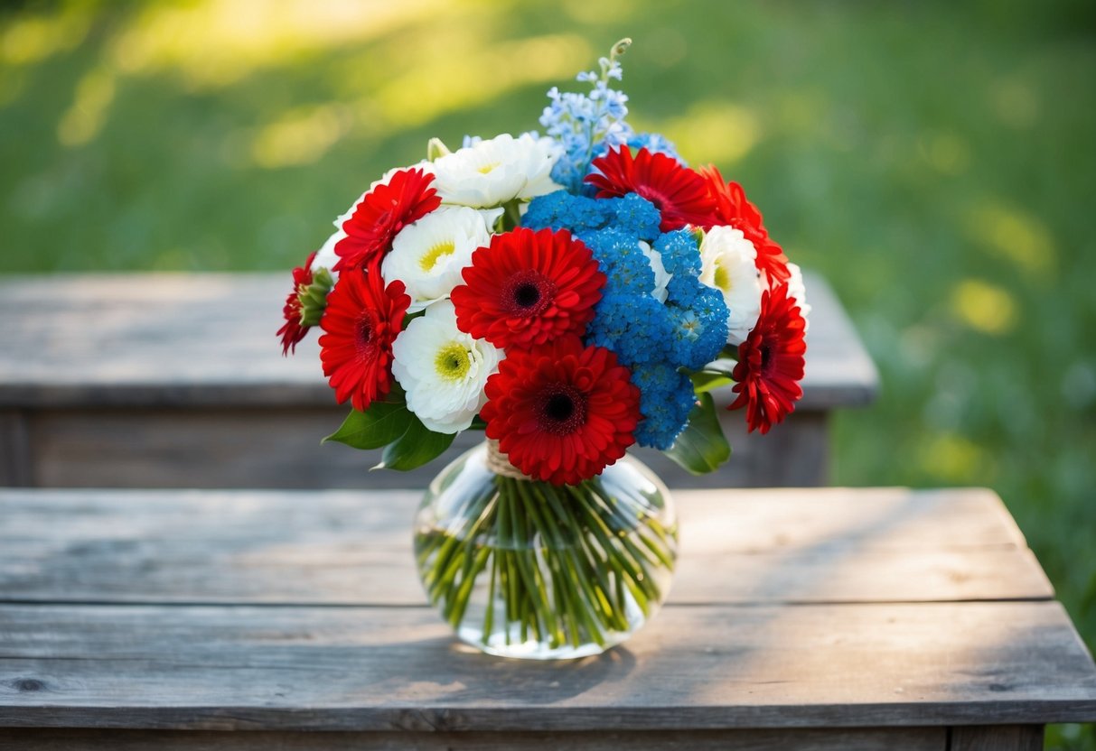 A bouquet of vibrant red and white flowers, with a touch of blue, sits on a rustic wooden table. A soft summer breeze gently moves the petals