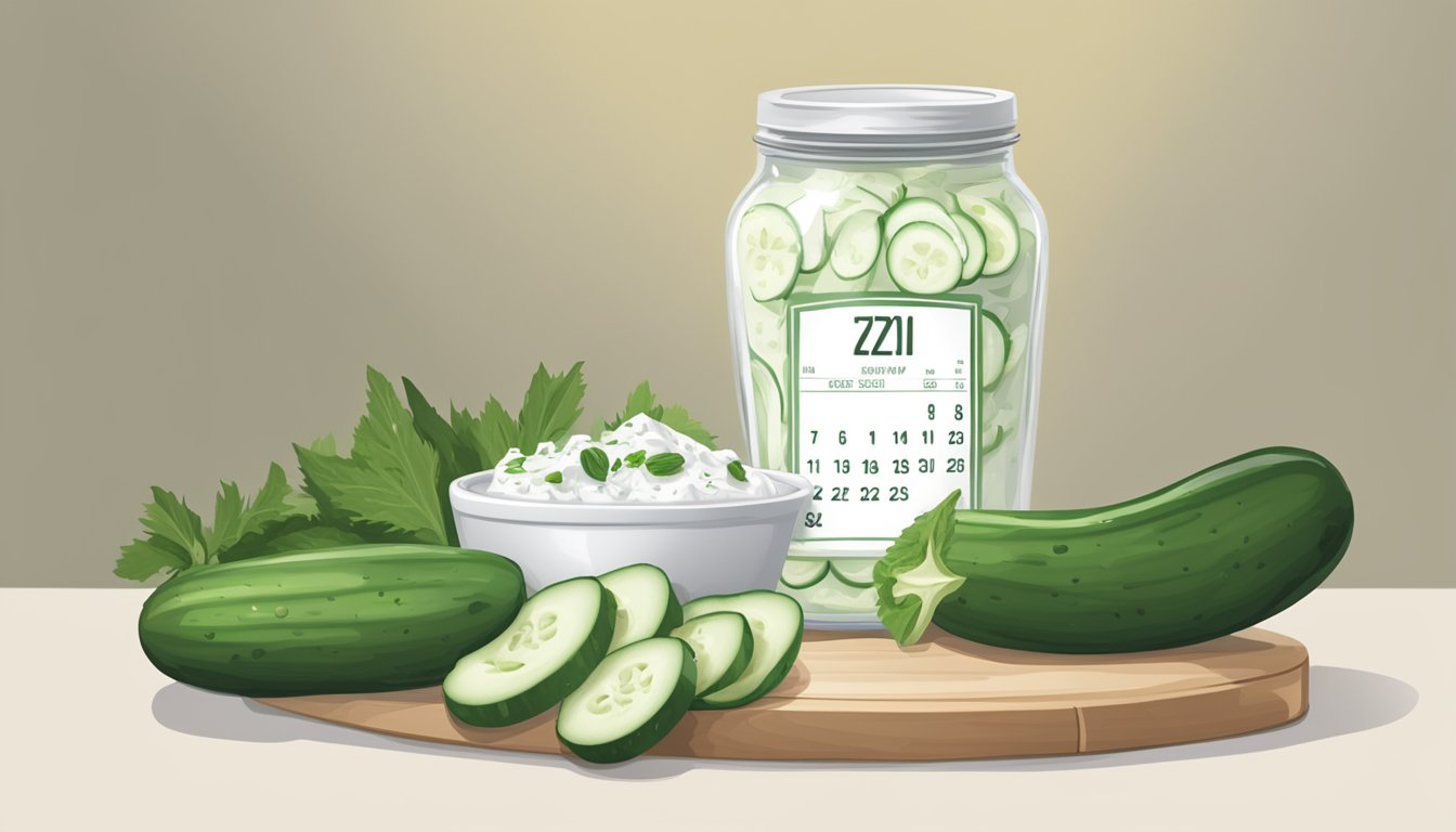 A jar of tzatziki sits open on a table, surrounded by fresh cucumber slices and pita bread. A calendar on the wall shows the date