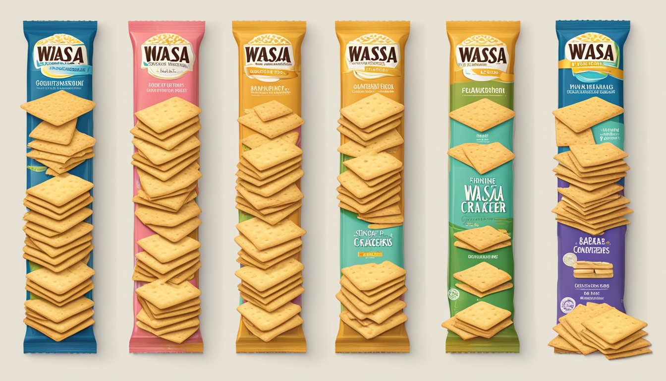 A stack of Wasa crackers sits on a shelf next to other cracker types, showing their comparative sizes and shapes