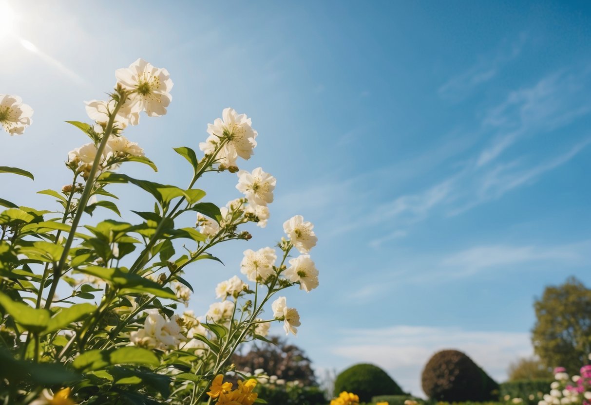 A sunny garden with blooming flowers and a clear blue sky, symbolizing luck and happiness for a wedding