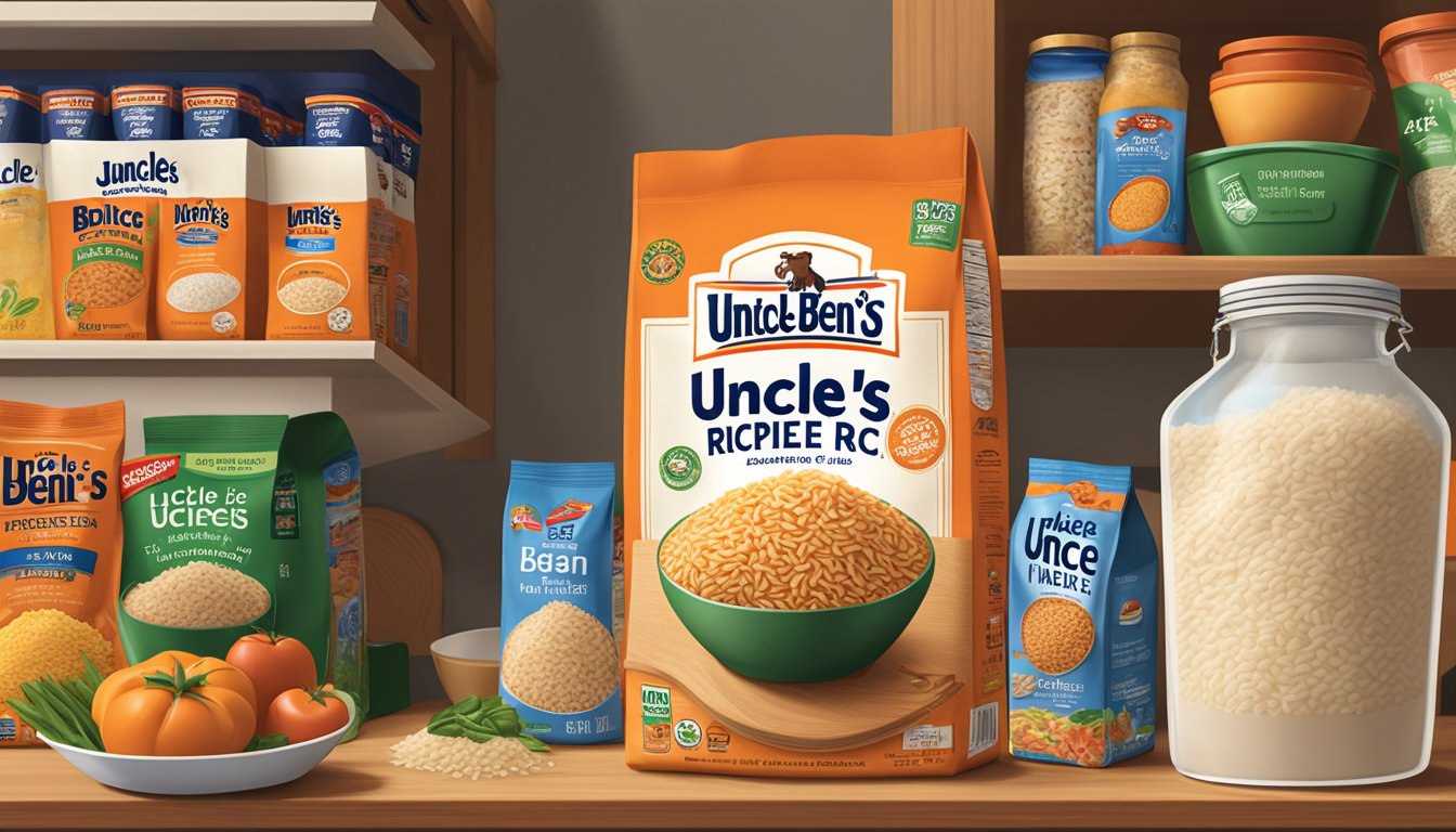 A bag of Uncle Ben's Rice sits on a pantry shelf, surrounded by other food items