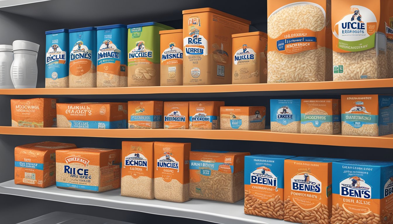 A pantry shelf with unopened packages of Uncle Ben's rice, labeled with expiration dates