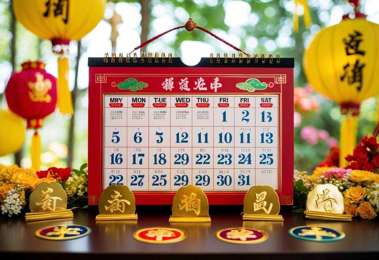 A traditional Chinese wedding calendar surrounded by symbols of luck and happiness, with emphasis on the auspicious month of May