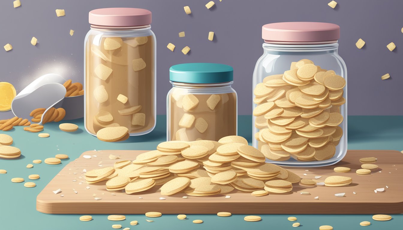 A jar of vanilla wafers sits on a kitchen counter, surrounded by scattered crumbs. The lid is slightly ajar, hinting at the delicious aroma of the sweet treats inside