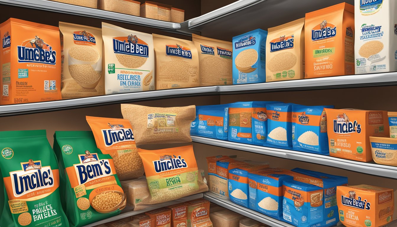 A sealed package of Uncle Ben's Rice sits on a pantry shelf, surrounded by other dry goods. The expiration date is clearly visible