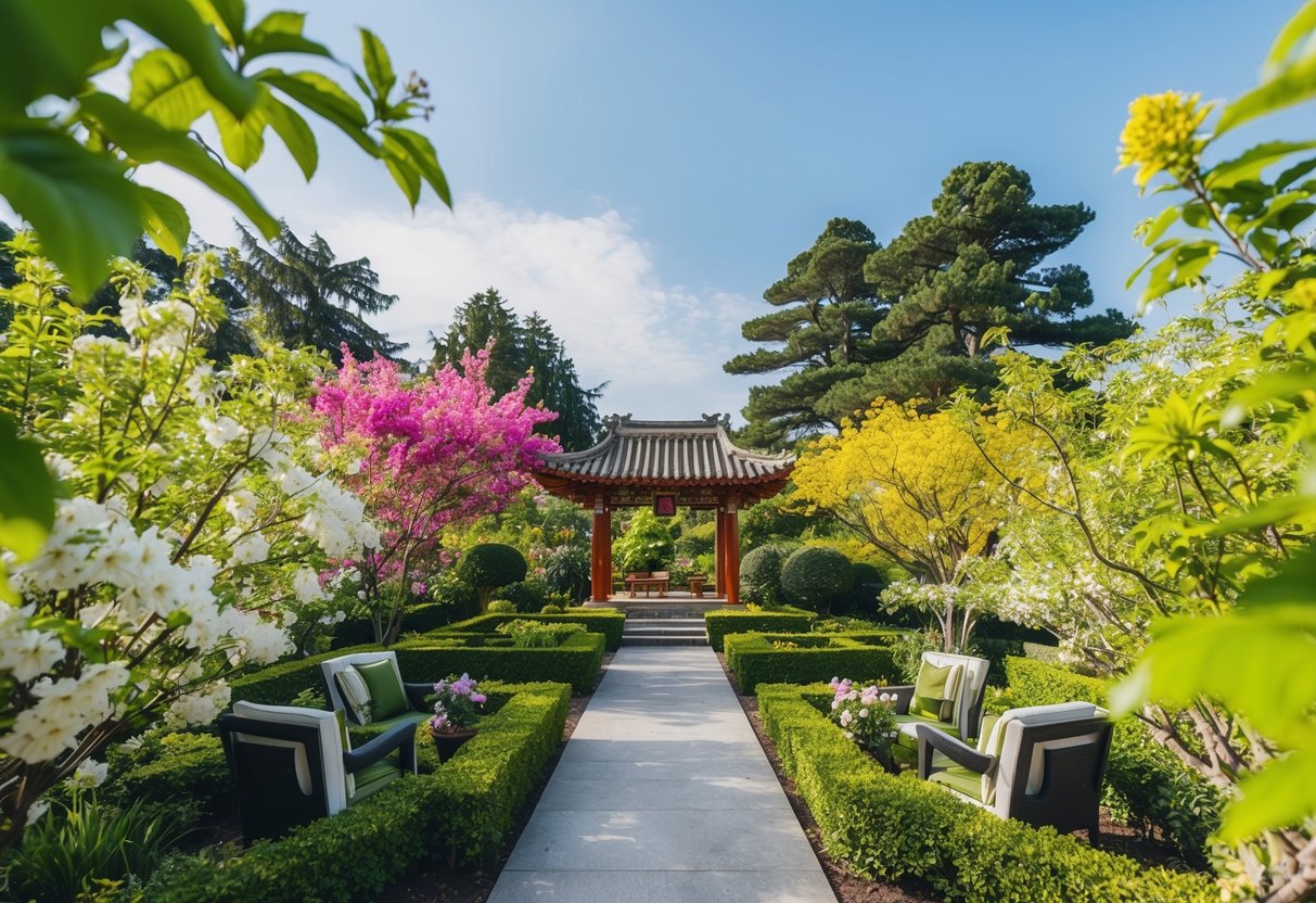 A lush garden with blooming flowers and clear skies, representing a lucky and auspicious month for a wedding