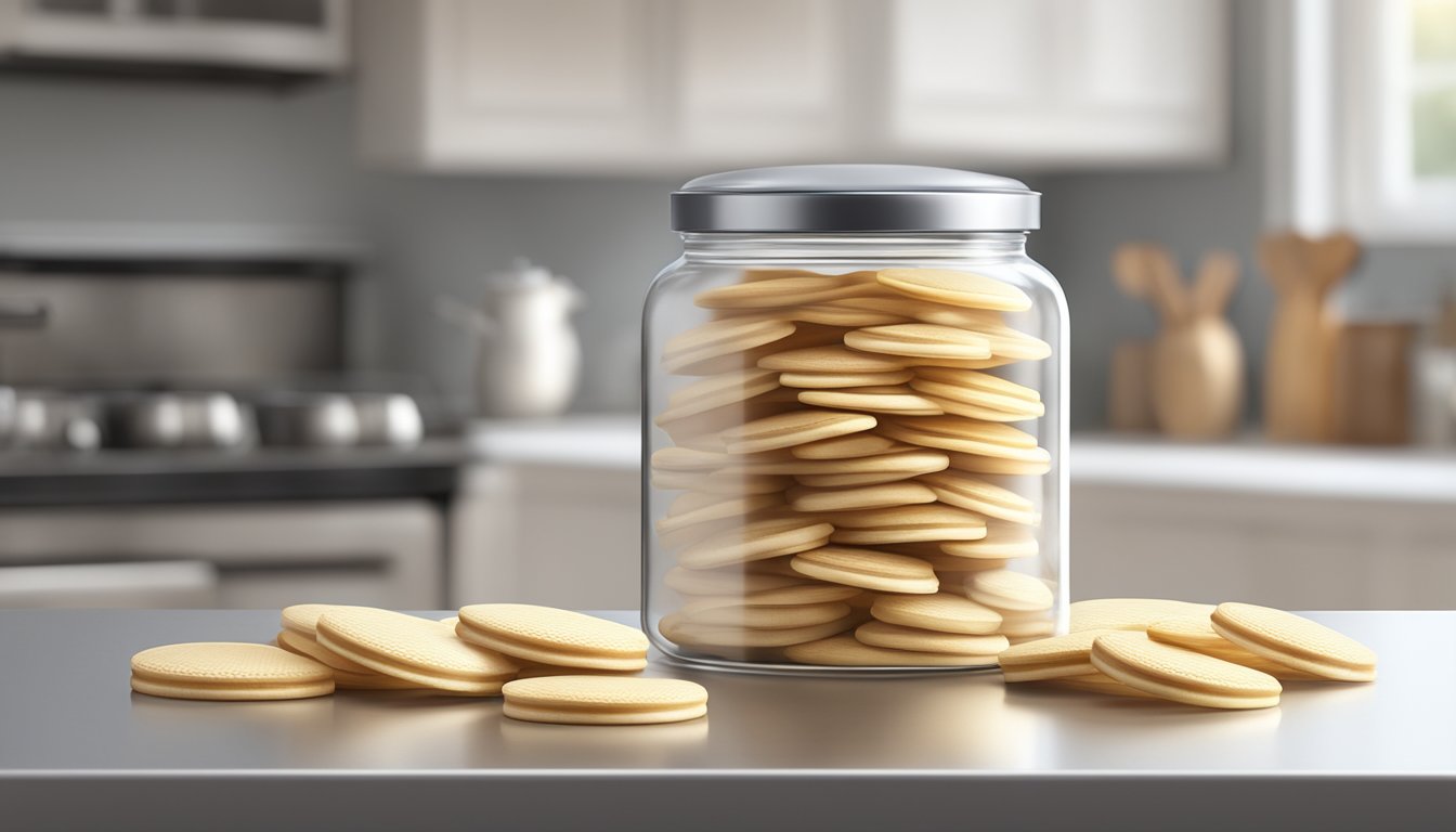 A glass jar filled with vanilla wafers sits on a kitchen counter, sealed with a metal lid. The wafers are neatly stacked and appear fresh and crisp