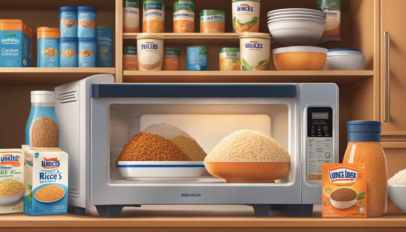 A box of Uncle Ben's Rice sits in a pantry, surrounded by other food items. An open microwave is nearby, with a plate of steaming rice inside