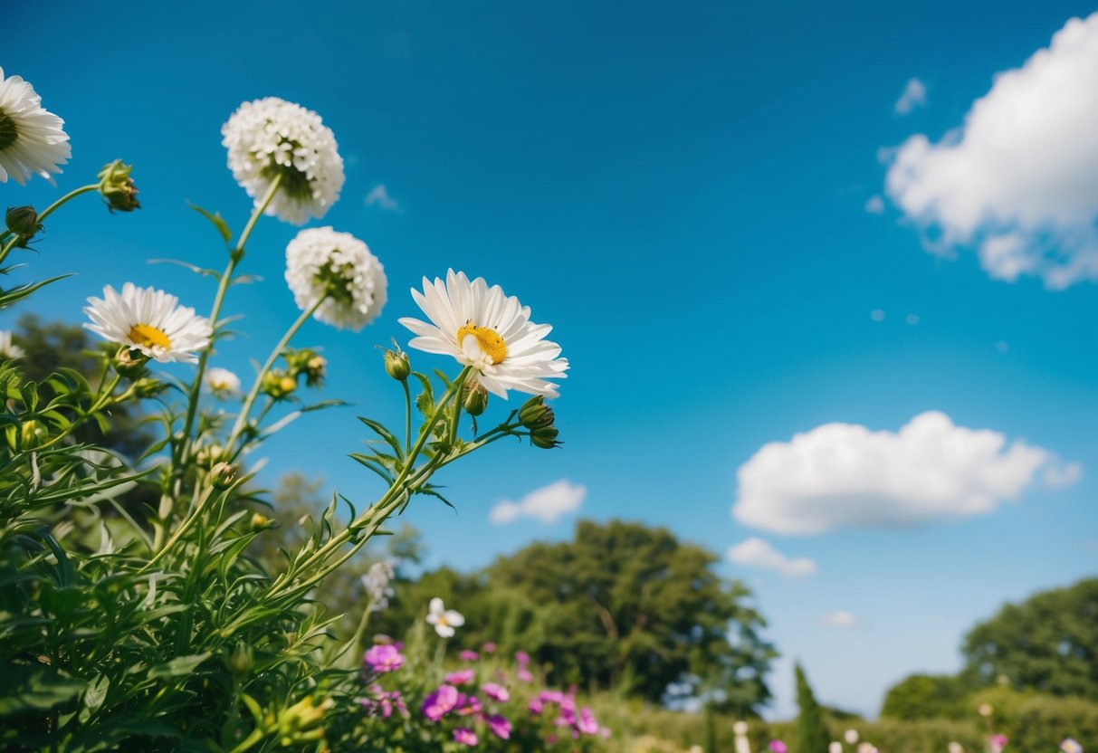 A sunny outdoor wedding in June with blooming flowers and a clear blue sky, surrounded by lush greenery and a gentle breeze
