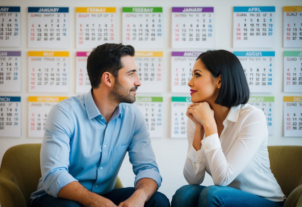 A couple sitting together, facing each other, surrounded by a calendar showing different years. They appear to be deep in conversation, with thoughtful expressions on their faces