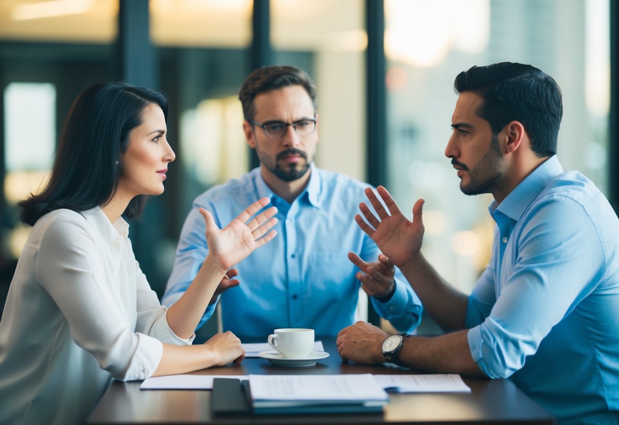 A couple sitting at a table, facing each other, with tense expressions. A mediator stands between them, gesturing to facilitate communication