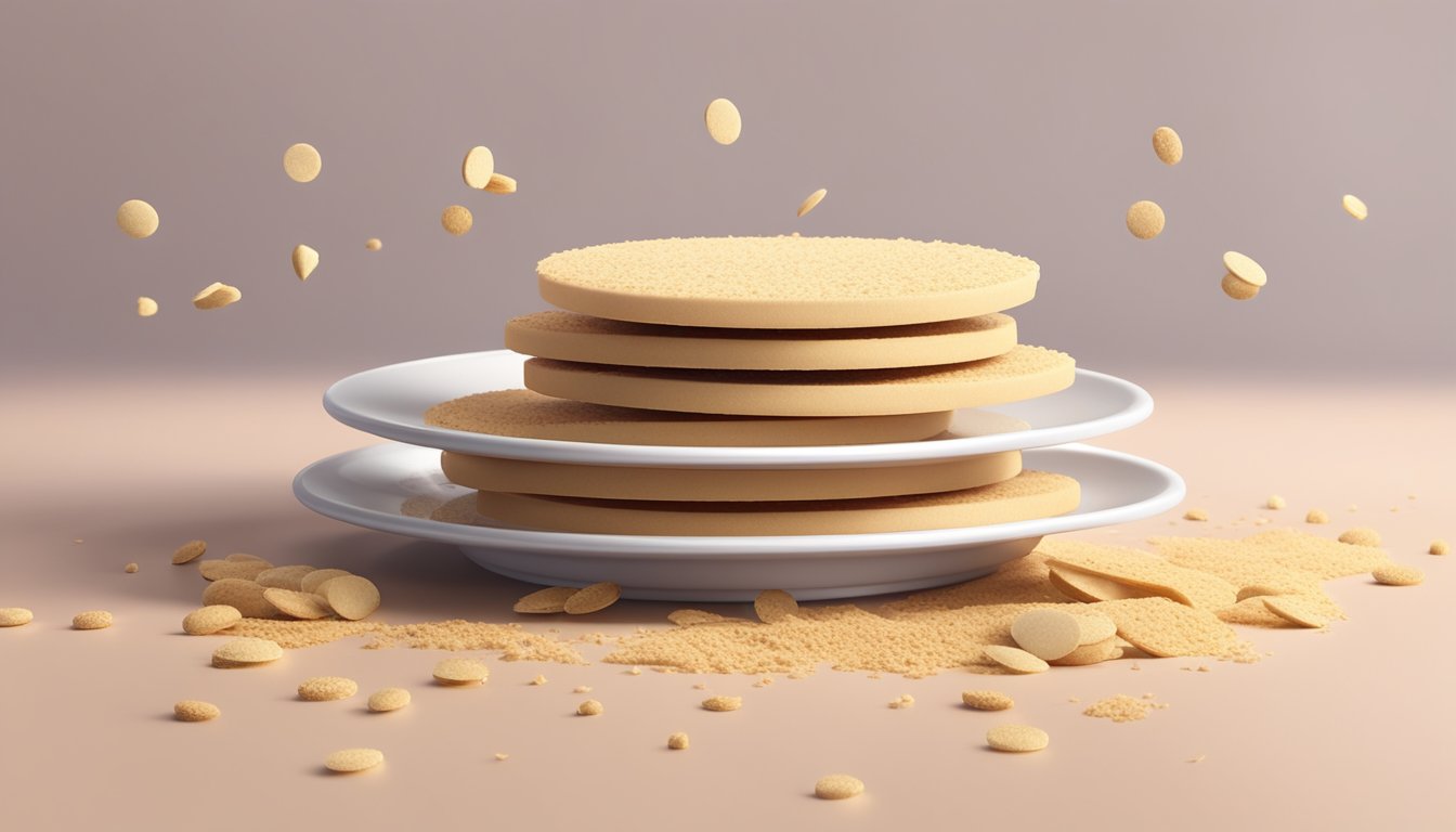 A stack of vanilla wafers sits on a plate, surrounded by a scattering of crumbs. A few wafers are broken in half, revealing the light, speckled interior