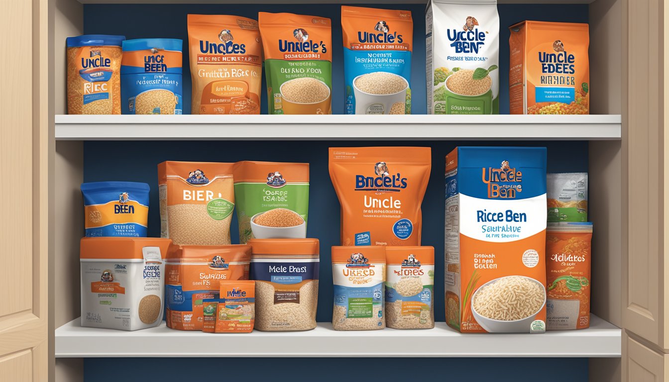 A sealed package of Uncle Ben's Rice sits on a clean, organized pantry shelf, surrounded by other non-perishable items