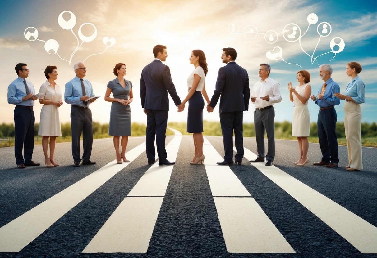 A couple stands at a crossroads, with paths representing different years of marriage. Family members and friends offer conflicting advice