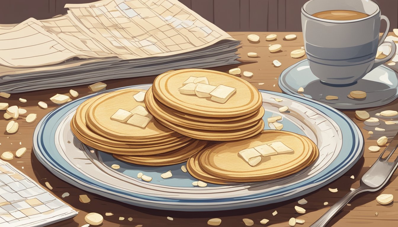 A stack of vanilla wafers sits on a vintage plate, surrounded by scattered crumbs. A calendar on the wall shows the current month