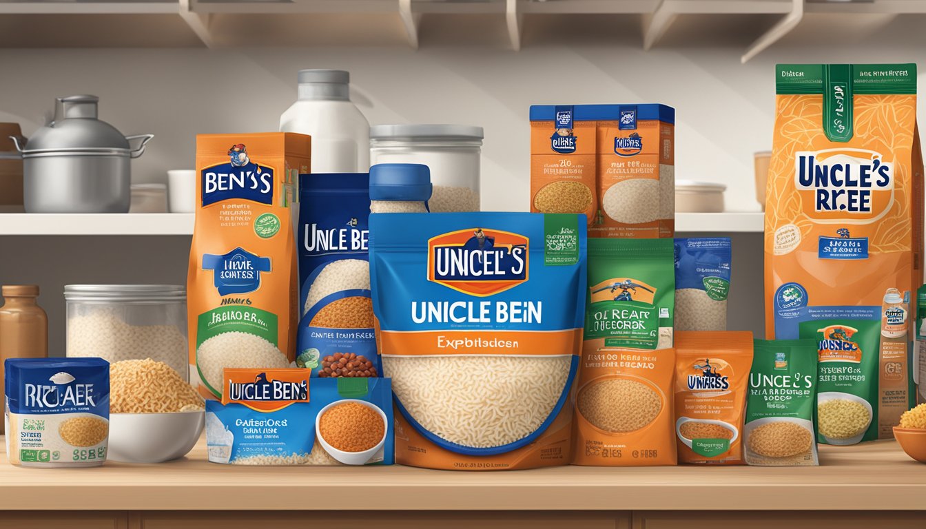 A bag of Uncle Ben's Rice sits on a kitchen shelf, surrounded by other pantry items. The expiration date is clearly displayed on the packaging