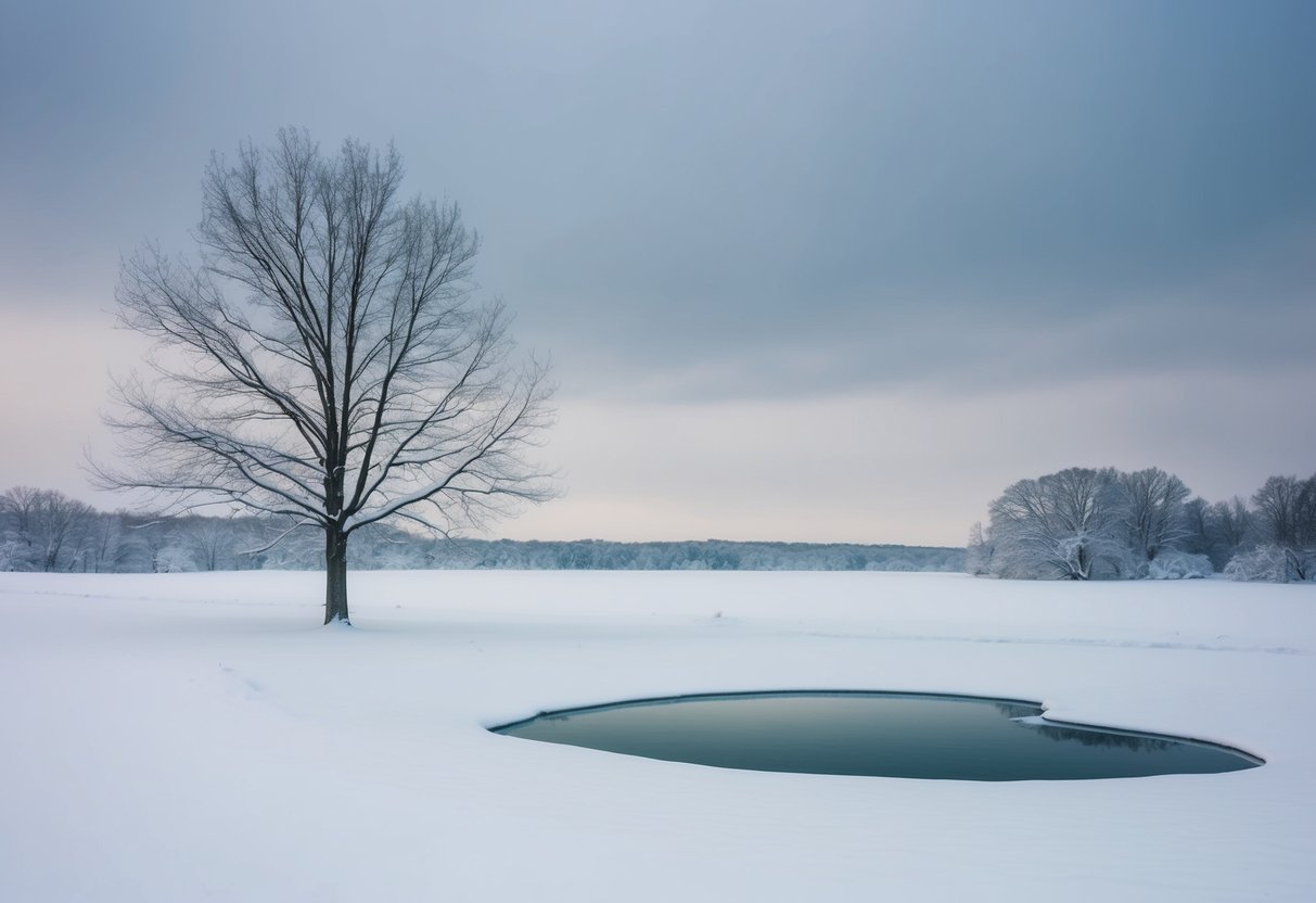 A serene, snow-covered landscape with a solitary, bare tree and a frozen pond, under a gray sky