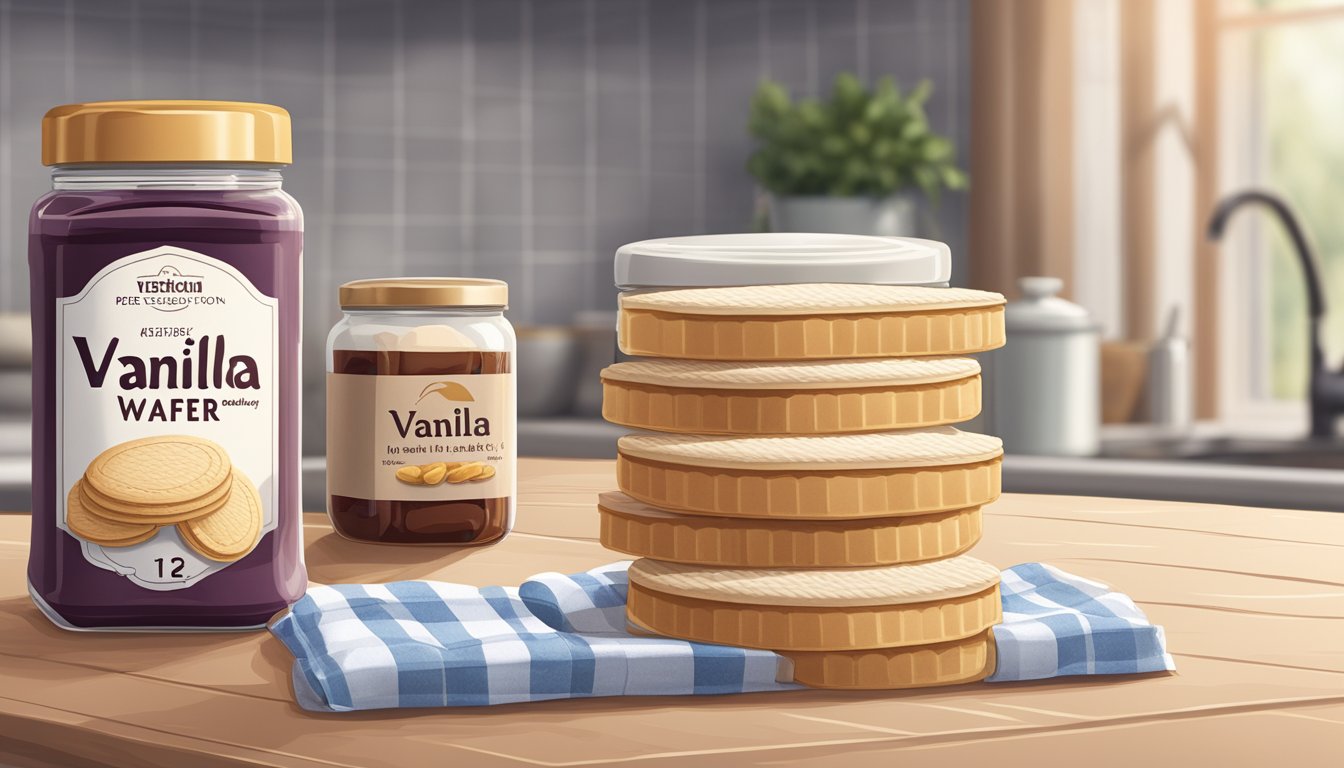 A package of vanilla wafers sits on a kitchen counter, next to an open jar of jam and a cup of tea. The expiration date on the wafers is visible