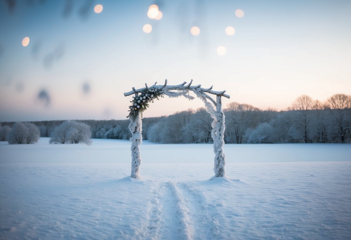 A serene, snow-covered landscape with a solitary wedding arch, adorned with frosty decorations, stands undisturbed in the quiet of a winter month