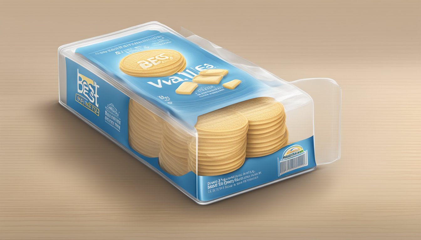 A stack of vanilla wafers sealed in a clear plastic package, with a "best by" date printed on the label