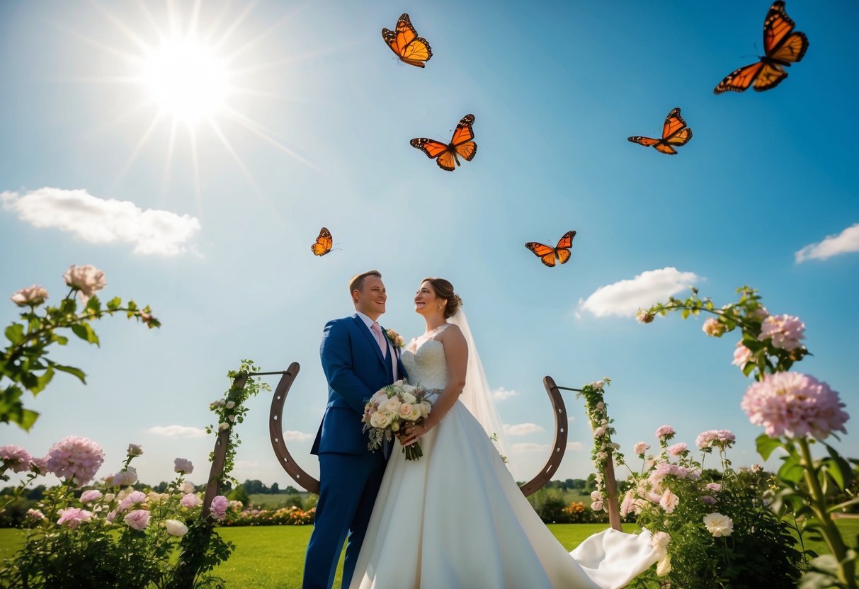 A bride and groom stand beneath a sunny sky, surrounded by blooming flowers and fluttering butterflies. A horseshoe hangs nearby for good luck