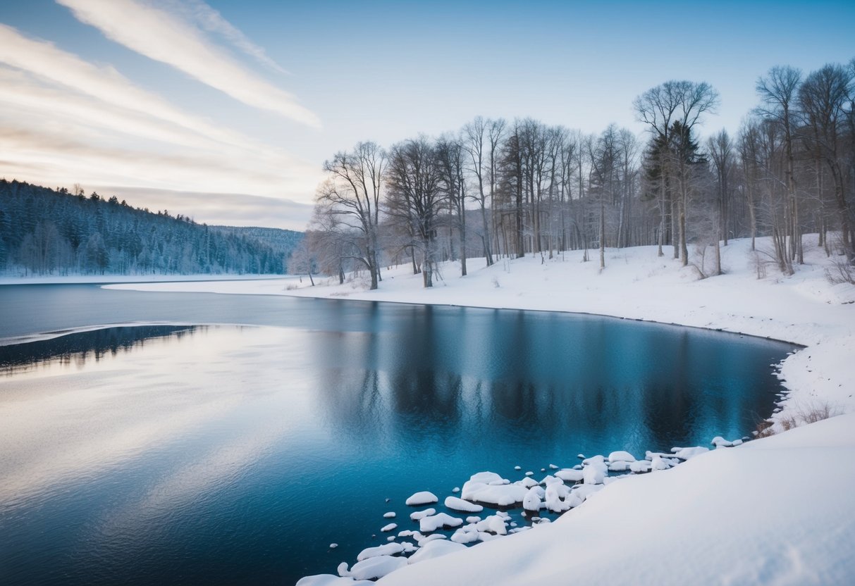 A barren winter landscape with snow-covered trees and a frozen lake, depicting the slowest month for weddings