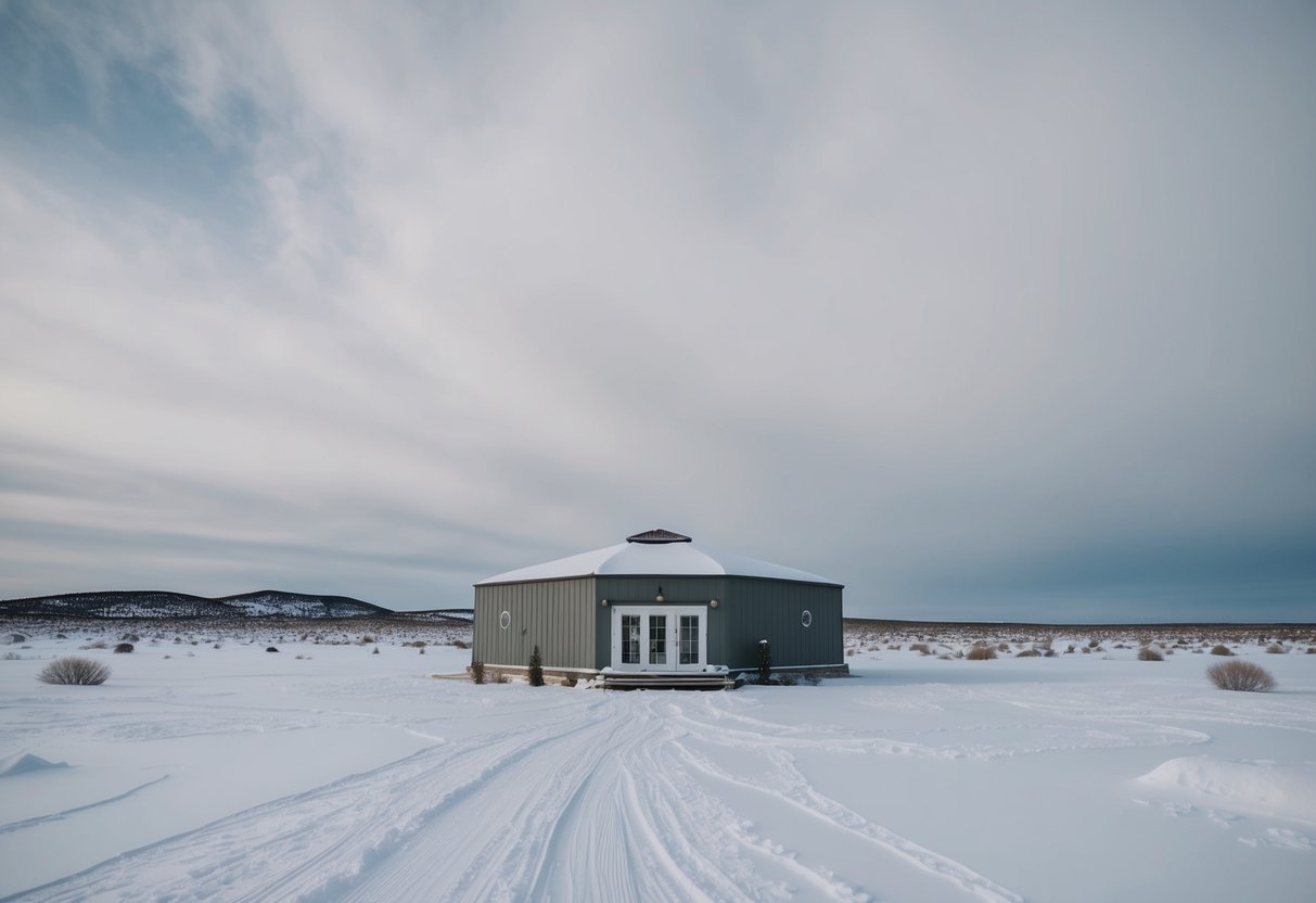 A barren wedding venue in a deserted, snow-covered landscape, with a cold, gray sky overhead
