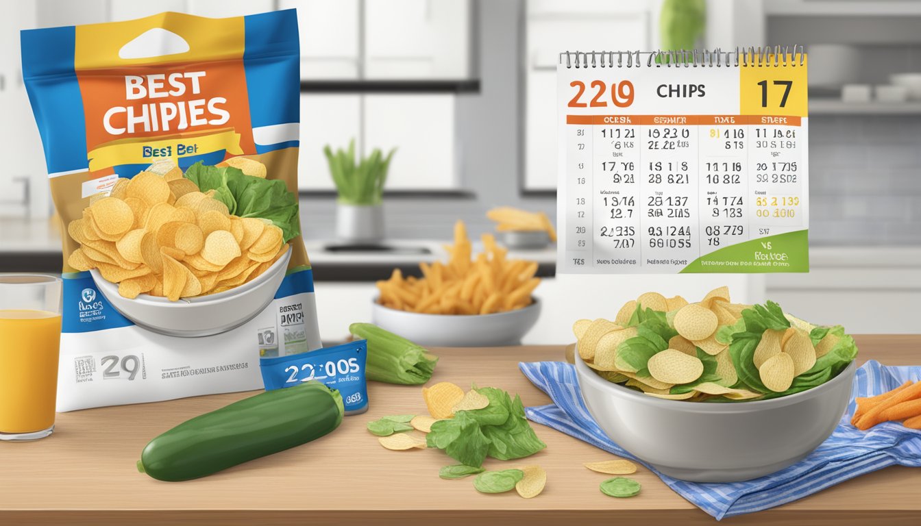 A bowl of vegetable chips sits on a kitchen counter, next to a calendar showing the current date. The chips are in a resealable bag, with a "best by" date clearly displayed