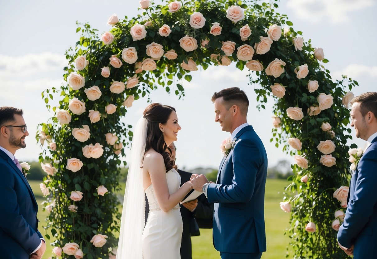A bride and groom exchanging vows under a blooming arch of roses on a sunny June day, surrounded by symbols of love and fertility