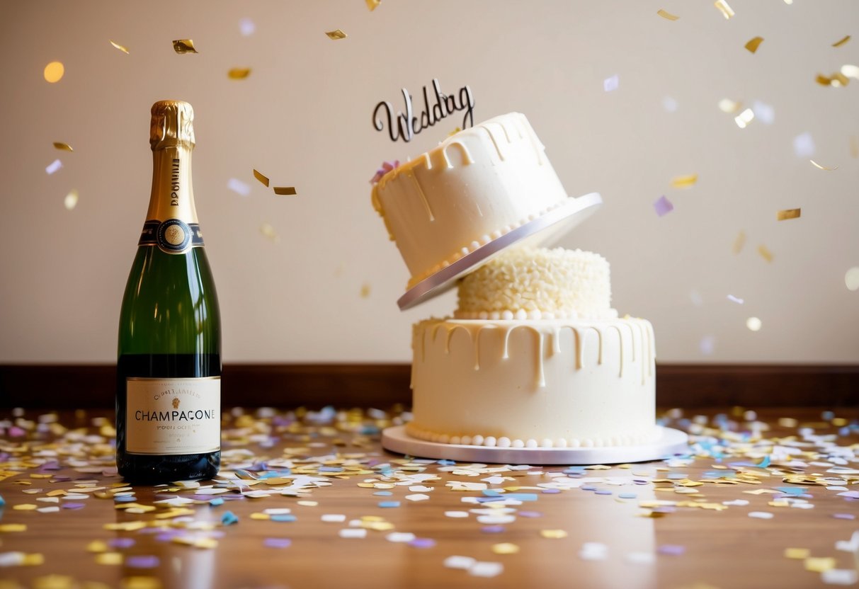 Empty champagne bottle on the floor amidst scattered confetti and a toppled wedding cake