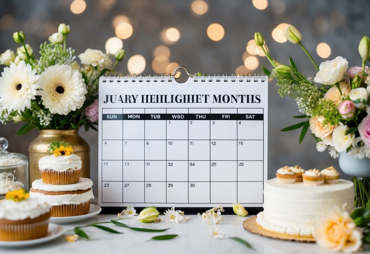 A calendar with highlighted months, surrounded by various wedding-related items like flowers, cakes, and decorations