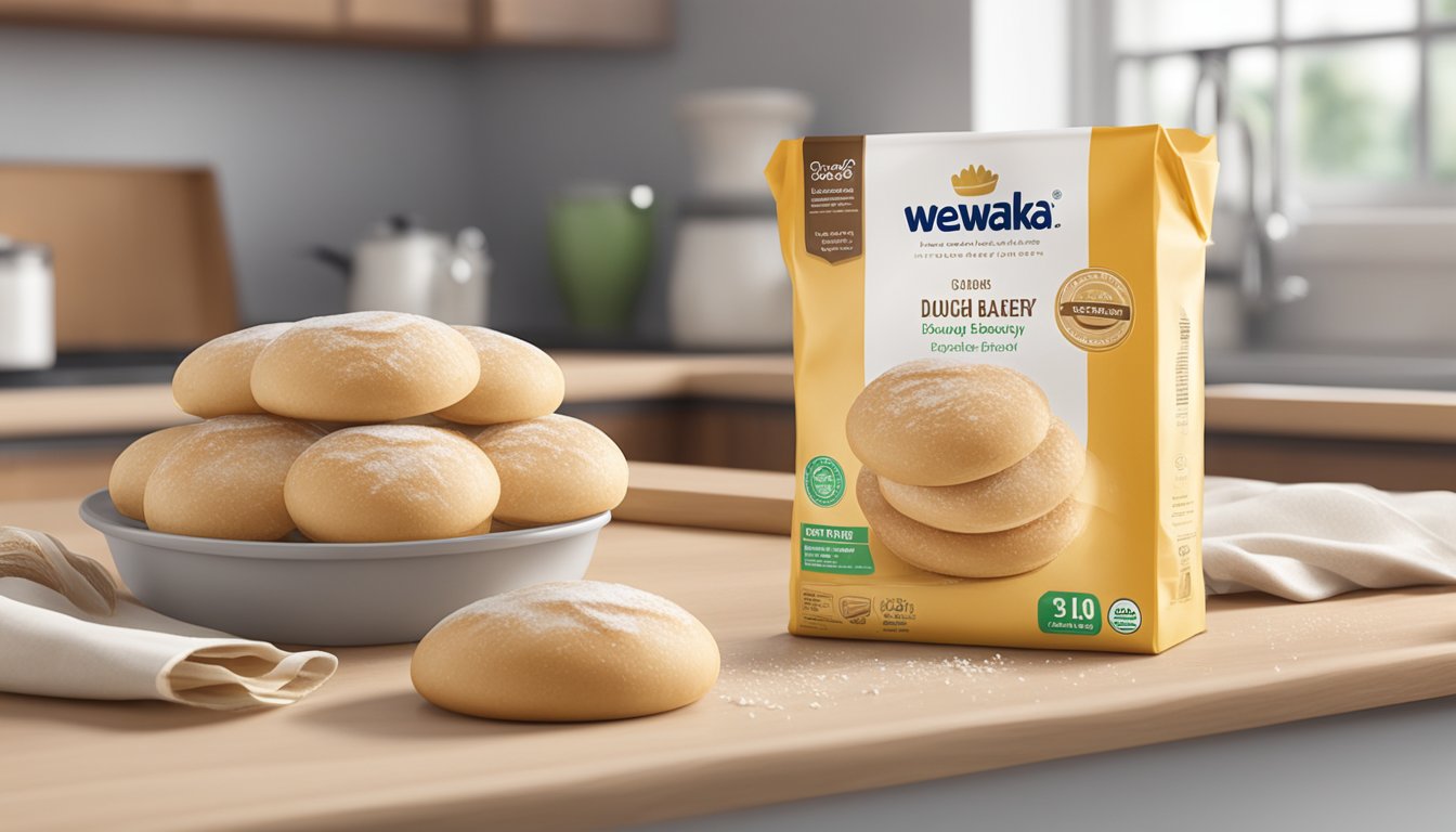 A package of Wewalka European Bakery Style Dough sits unopened on a clean, organized kitchen counter