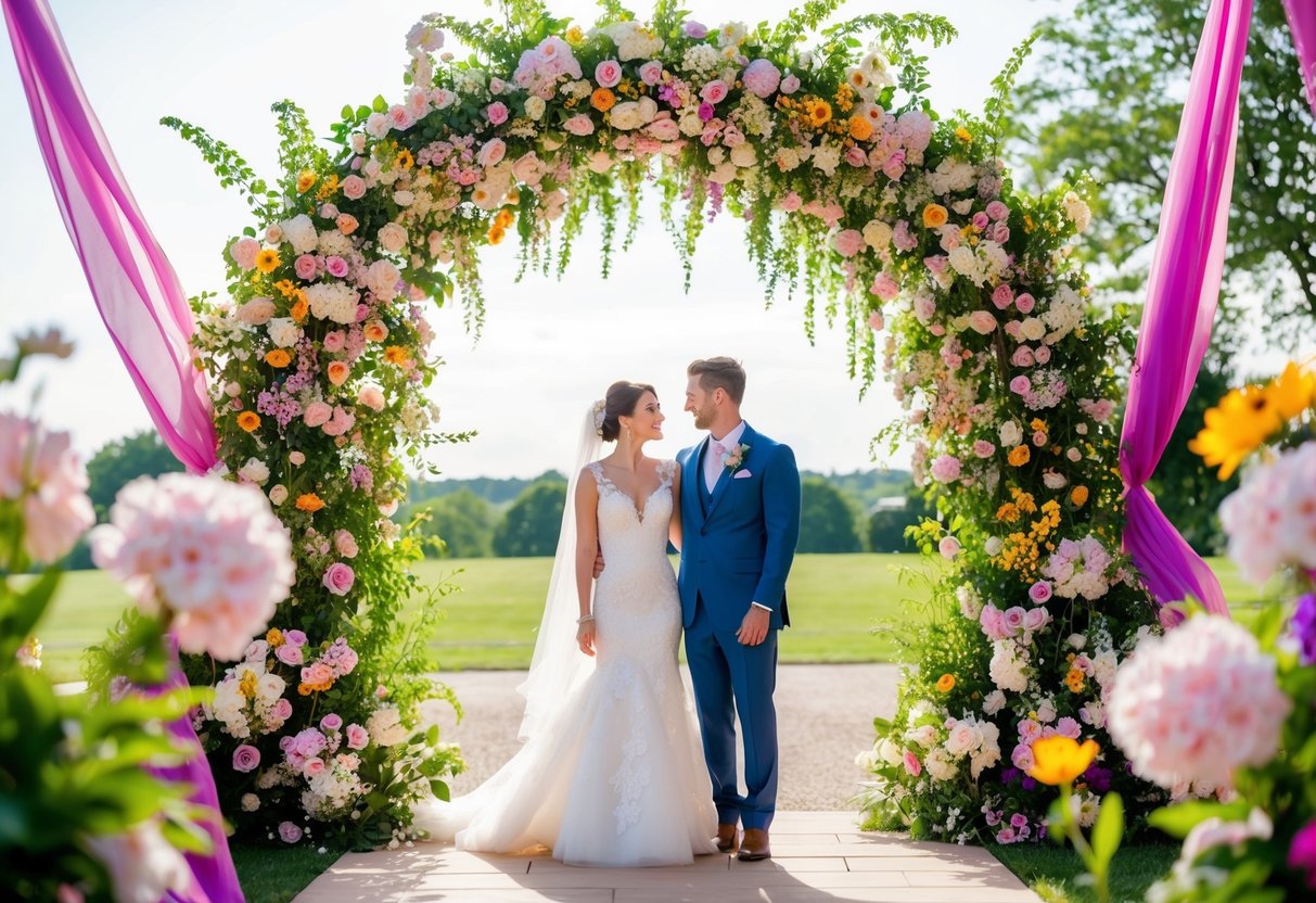 A bride and groom stand beneath a blooming arch, surrounded by vibrant flowers and flowing fabric, symbolizing the significance of wedding fashion and decor in June