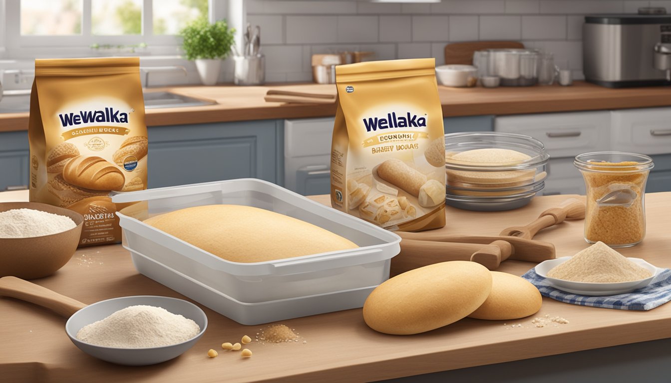 A package of Wewalka European Bakery Style Dough sits unopened on a kitchen counter, surrounded by various baking ingredients and utensils