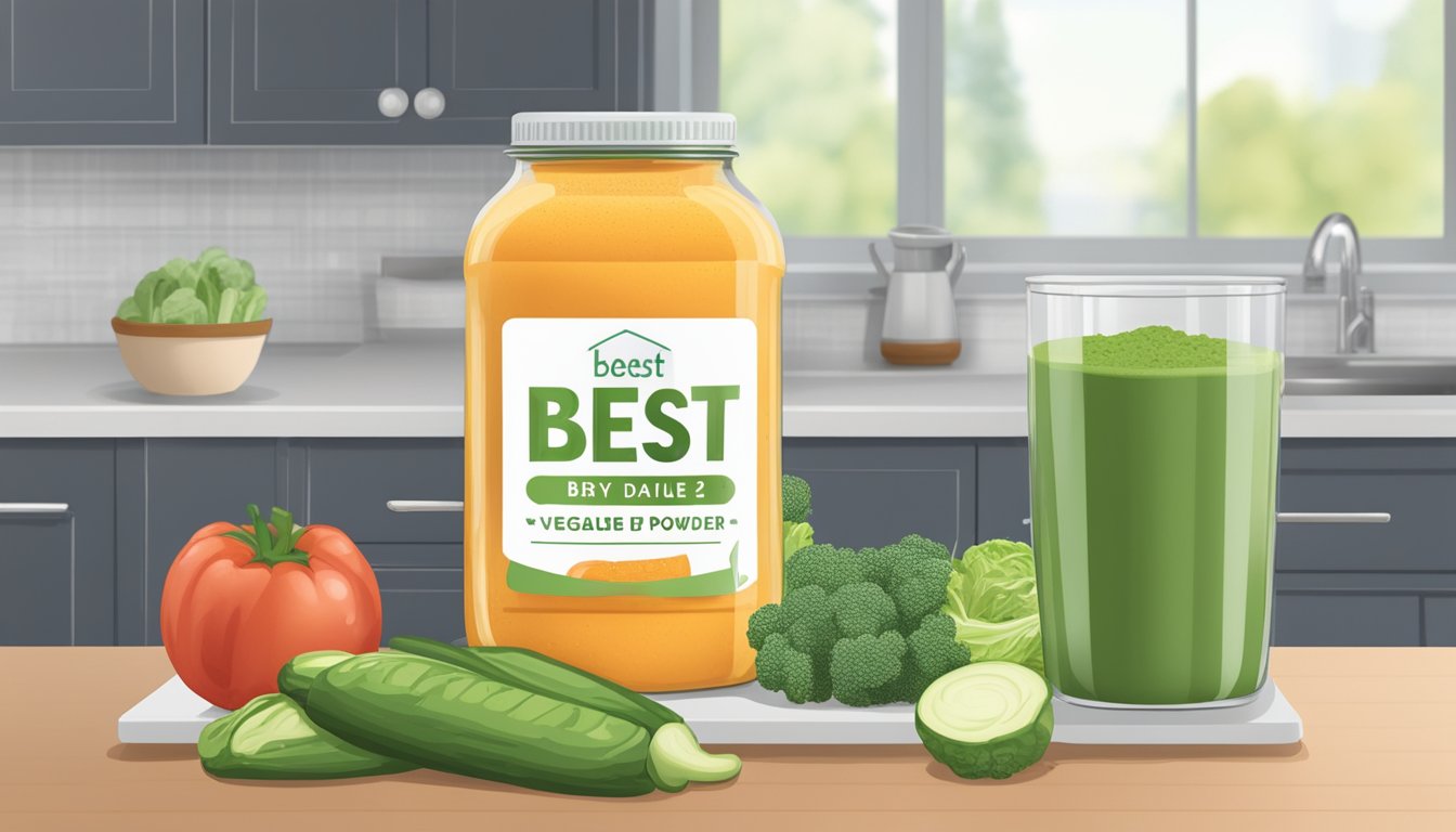 A jar of vegetable juice powder sits on a kitchen counter, next to a blender and fresh vegetables. The jar is labeled with a "best by" date