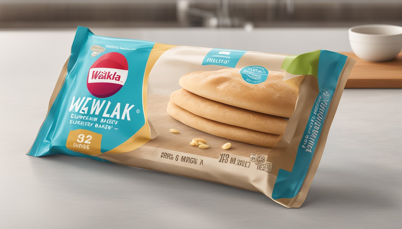 A package of Wewalka European Bakery Style Dough sits unopened on a clean, organized kitchen counter, with a clear expiration date visible