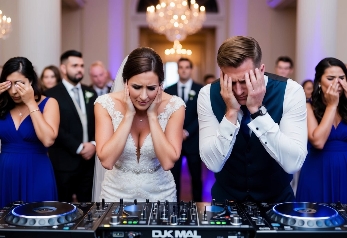 A bride and groom cringe as a DJ plays heavy metal at their elegant wedding reception, guests covering their ears in discomfort